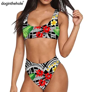 

Doginthehole Women 2pcs Bikini 2020 Fashion Brand Design Hawaii Hibisucs Plumeria Pattern Swimsuit Lady Polynesian Beachwear