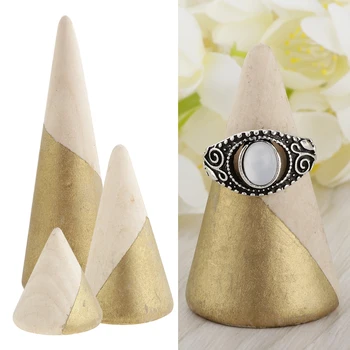

3x Vintage Style Wooden Handmade Cone Shape Stand Rack Jewelry Ring Display