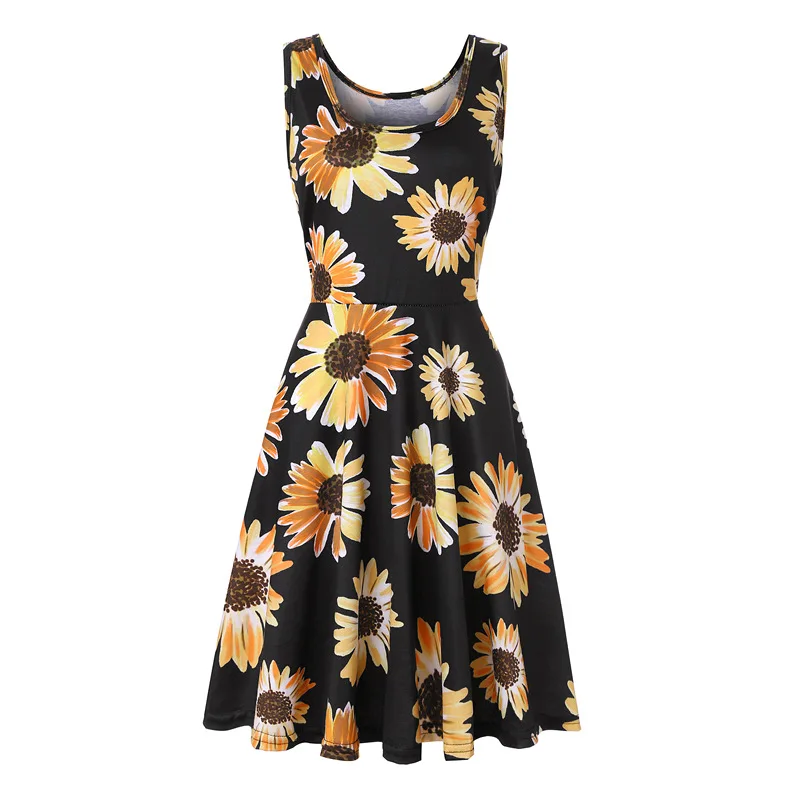 Plus Size Women Sleeveless O-Neck Print Dress Casual Sweet Vintage Floral A-Line Party Dress Summer Beach Dress Vestidos