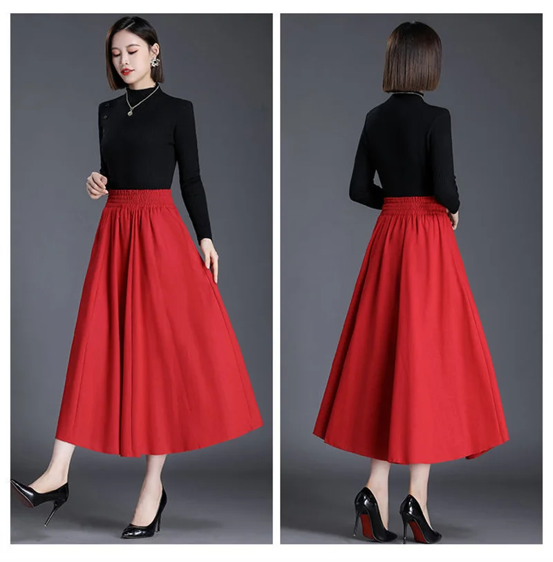 Autumn 2021Women New National Style Cotton Linen Skirt With Big Hem Solid Color Dancing Dress High Waist A-line Female SkirtA472 black leather skirt