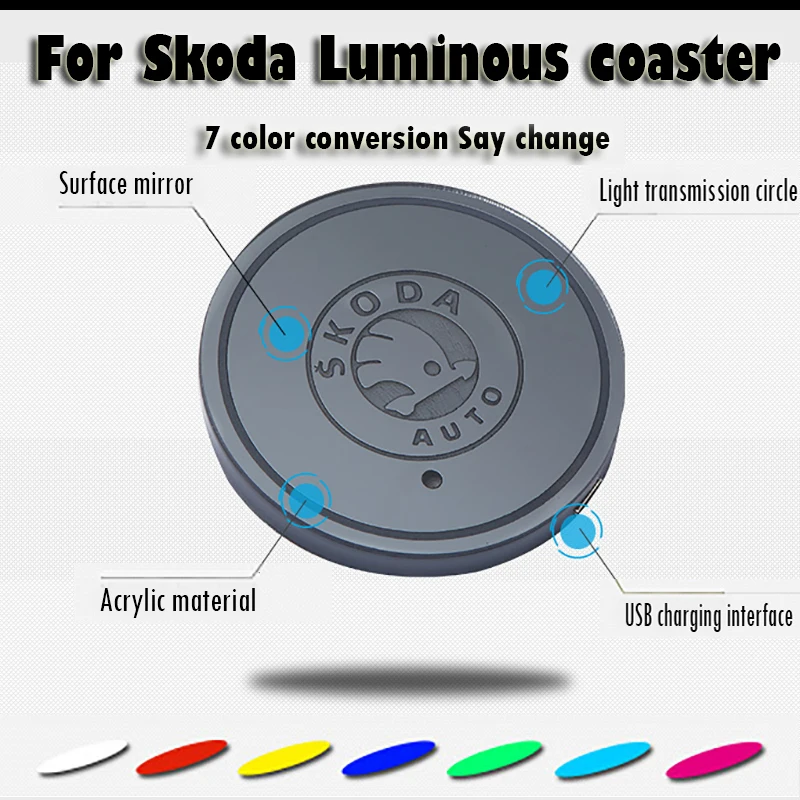  2PCS Car Logo Luminous Light LED Drink Coaster Anti Slip For Skoda rapid fabia yeti kodiaq octavia  - 4000173553127