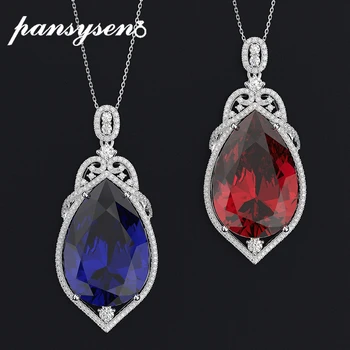 

PANSYSEN New Fashion 20x30MM Big Sapphire Ruby Gemstone Pendant Necklaces for Women 100% Sterling Silver 925 Jewelry Necklace