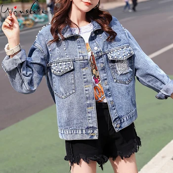 

Autumn Winter Korean Clothes Denim Jacket Shiny Beading All Match Streetwear Women Coat Pockets Cowboy Outerwear Tops New C07316