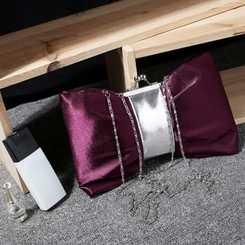 

New Tide Bow Pu Fashion Chain Dinner Bag Clutch Bag Diagonal Small Female Bag Bride Bag Purple
