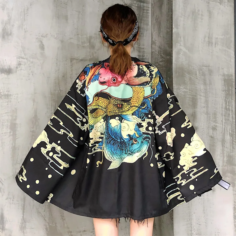 Японское кимоно кардиган юката для женщин с принтом дракона рубашка с длинными рукавами Повседневные кимоно Femme Kawaii азиатское Кимоно костюмы косплей - Цвет: as picture