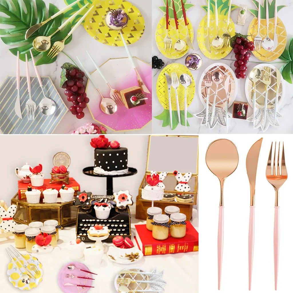 5 set Plastic Rose Gold Tableware Set Cutlery Western Food Tableware Teaspoon Luxury Knife fork spoon dessert Party Supplies