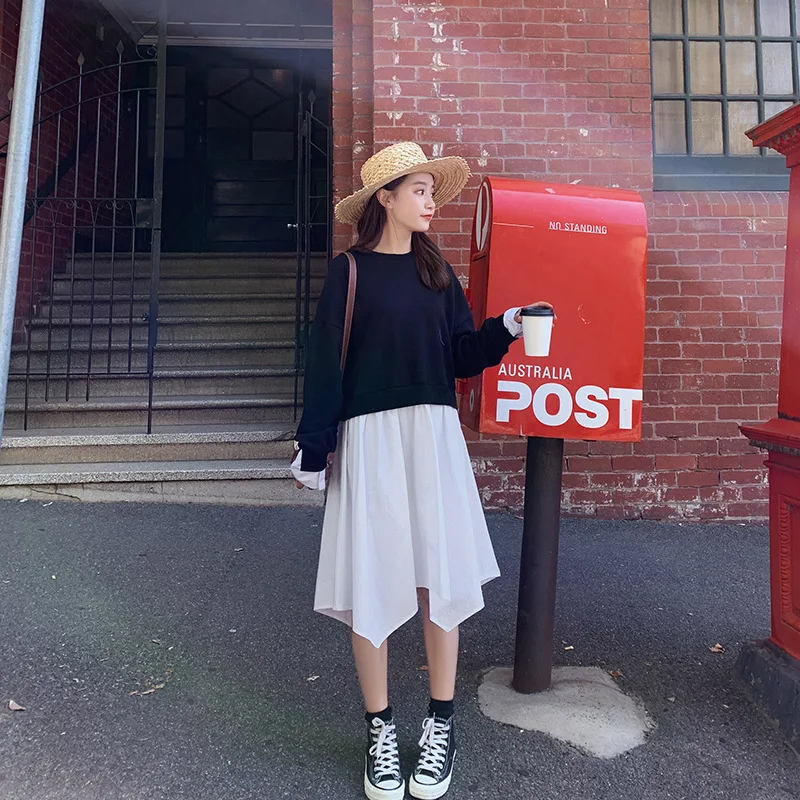 

2019 Early Spring Clothing Korean-style Loose-Fit Slimming Versatile Short-height Mid-length Mock Two-Piece Joint Even Pullover