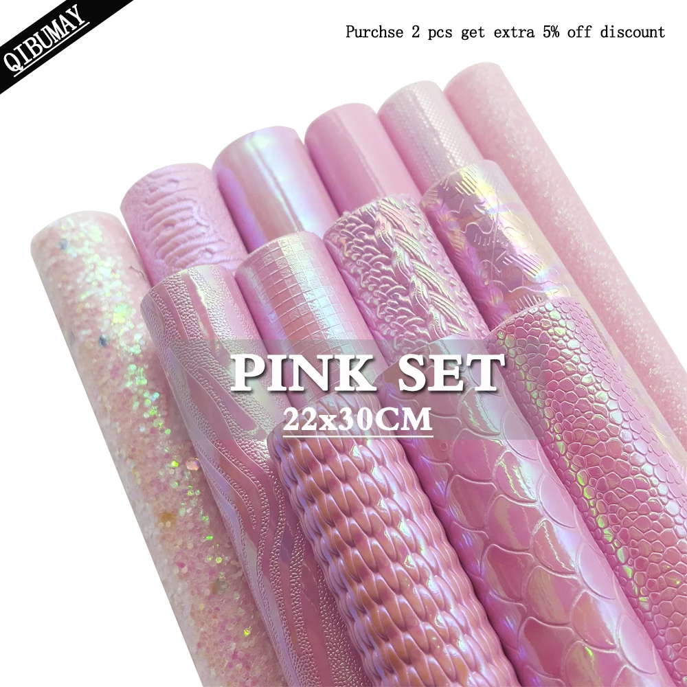 QIBU 22*30cm Pink Rainbow Glitter Fabric Mermaid Synthetic Leather Hearts Faux Fabric Sheets For Bow A4 size Holographic fabric