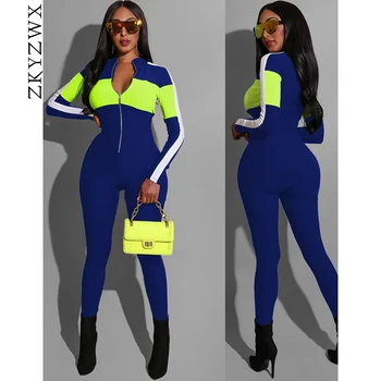 

ZKYZWX Sexy Long Sleeve Jumpsuit Tracksuit Rave Clothes Club Body Overalls One Piece Neon Splice Bodycon Rompers Womens Jumpsuit
