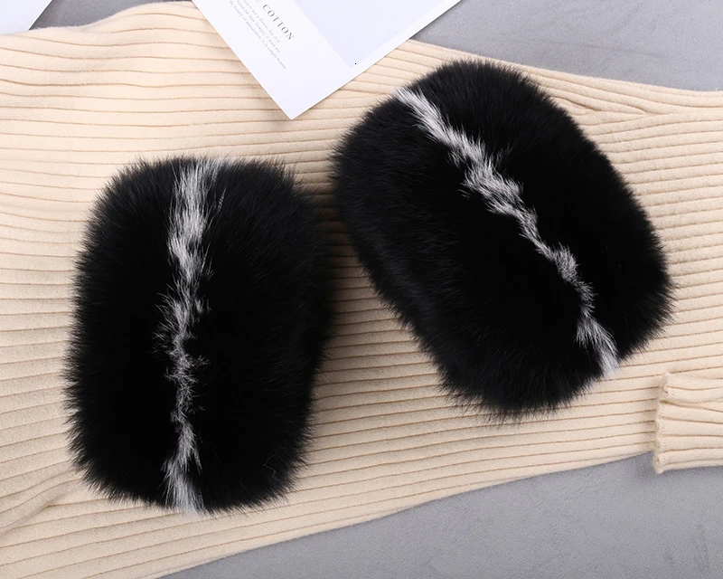 Black plus white Настоящие манжеты из лисьего меха для женщин зимние модные черные манжеты из меха енота Женский браслет черно-белые нарукавники рукава - Цвет: Black plus white