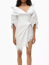  VGH Denim Tassel White Dress Female Slash Neck Three Quarter Sleeve High Waist Irregular Ruched Slim Mini Dresses For Women 2021 