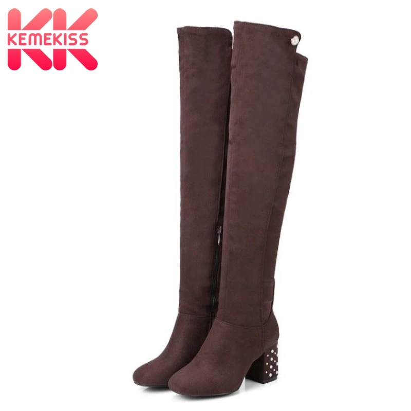 

KemeKiss Big Size 34-47 Women Thigh High Boots Winter Keep Warm Fur Shoes Women Fashion String Beads High Heels Long Boots