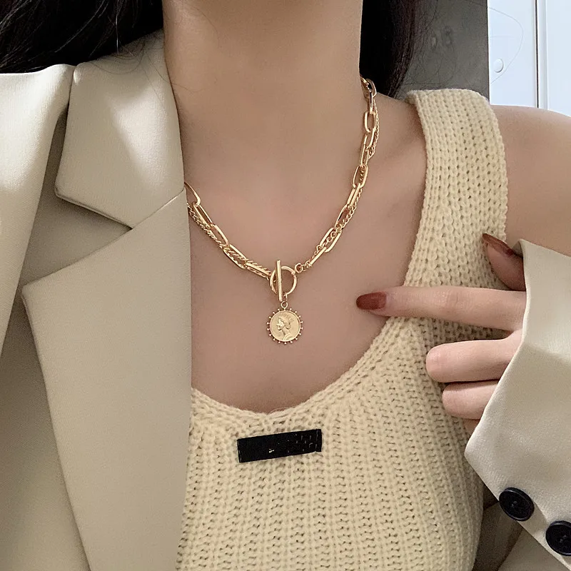 YANGLIUJIA Punk Double Coin New Fashion Collarbone Gothic Metal Chain Necklace Pendant Women Jewelry Party Present | Украшения и