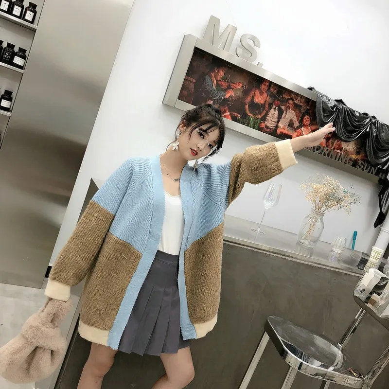 Neploe Pull Jumpers Осень Зима Женский вязаный кардиган контрастный цвет свитер пальто v-образный вырез негабаритная трикотажная куртка 54702