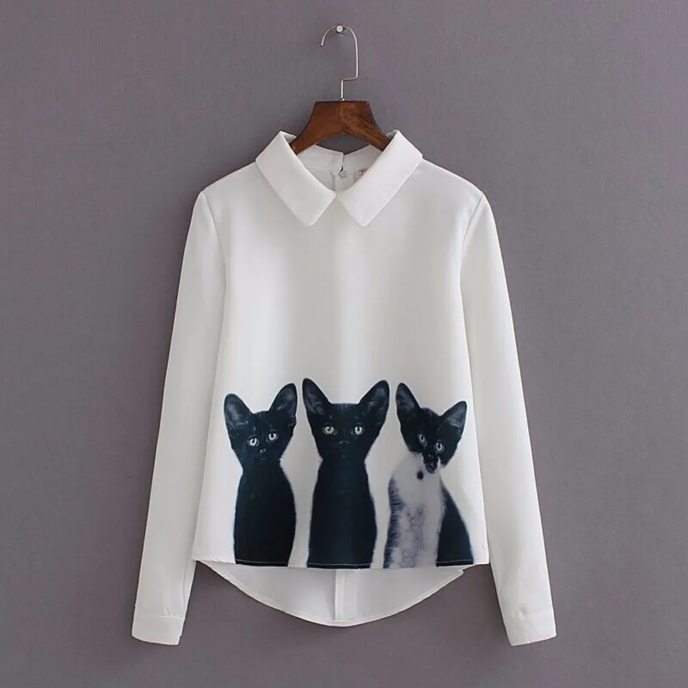 Женские рубашки с котами Корейская женская блузка модная шифоновая рубашка