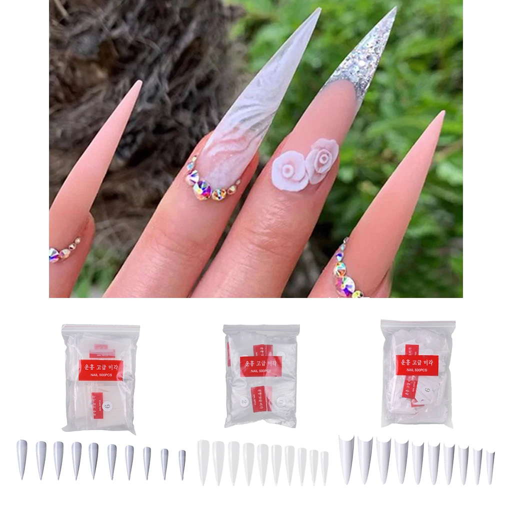 600Pcs Clear Natural White French Stiletto False Nails Tips Half Cover Fake Nails Manicure Acrylic Nail Art Tools