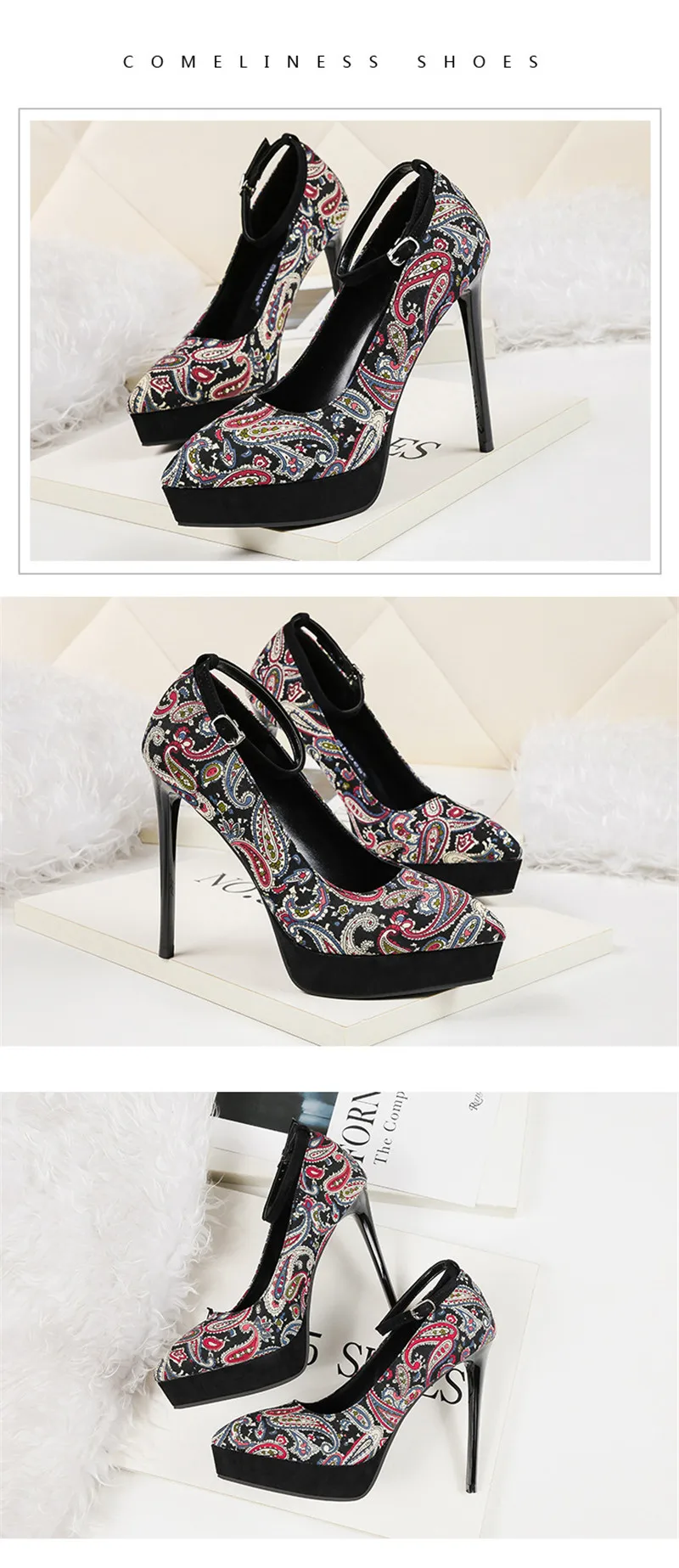 Sexy Pointed Toe High-heeled Pumps Shoes Women Ankle Strap Platform Stiletto Ladies High Heels Print Women's Wedding Dress Shoes (16)