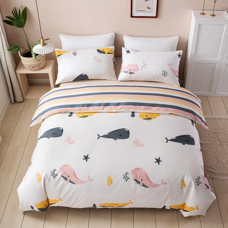 

100% cotton Quilt-Cover Pillow-Case Bedding-Texture No-Bed-Sheet Cute Cartoon Blue whale 3-Piece-Set Bedroom beding Sets