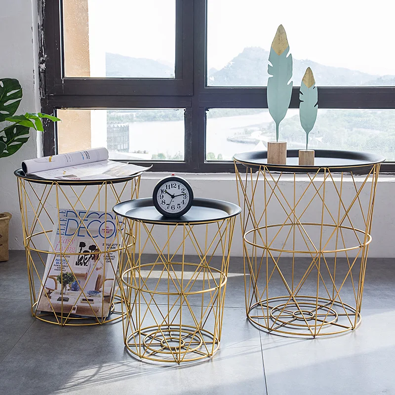 

Creative Nordic Golden Iron Metal Coffee Table Dirty Storage Basket Tea Fruit Snack Service Plate Tray Bed Living Room Sofa Side