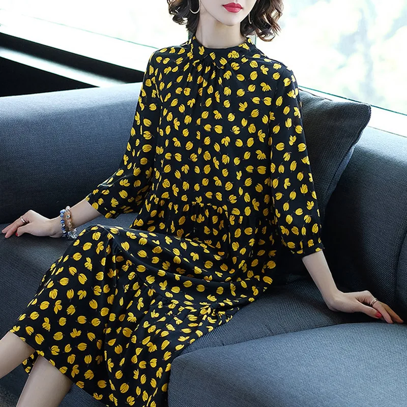 

Western Style 2019 Spring Clothing New Style WOMEN'S Dress Floral-Print Three-quarter-length Sleeve Loose-Fit Mid-length Elegant
