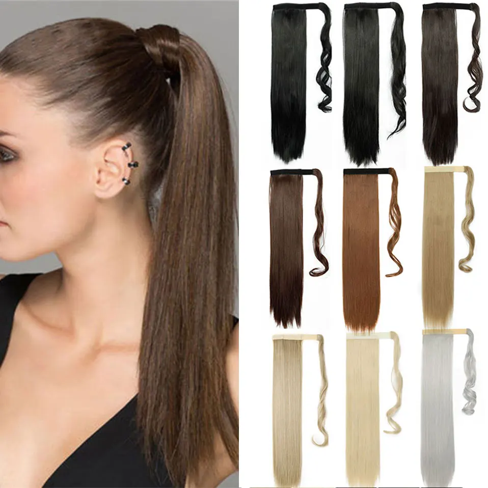 Ponytail Straight-Hair-Extensions Wrap Piece Clip-In Drawstring Multi-Colors Natural