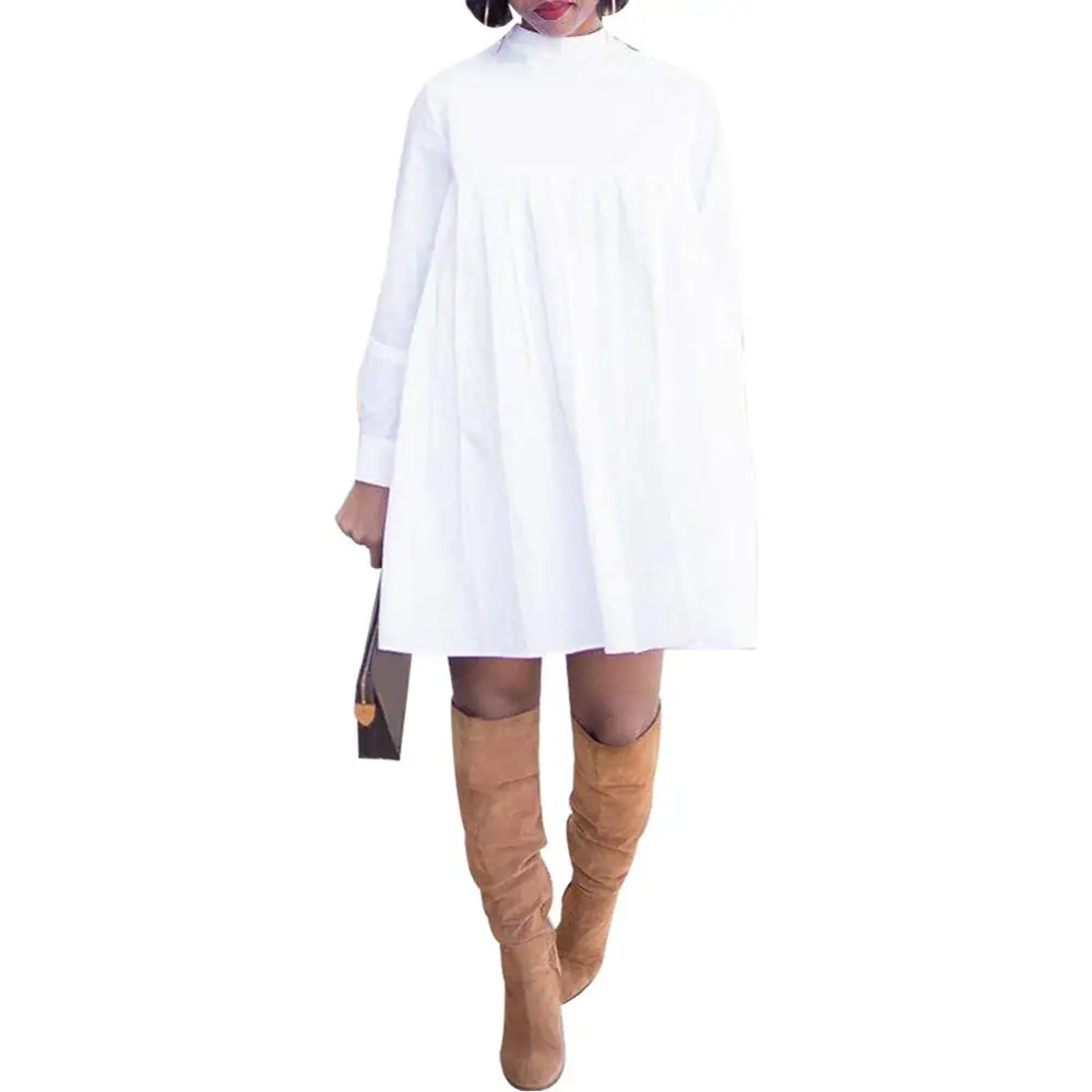 

Women Wardrobe Long Sleeve Mini Dress Solid Color Round Neck Back Zipper Ruched Loose Blouse Shirt Dress