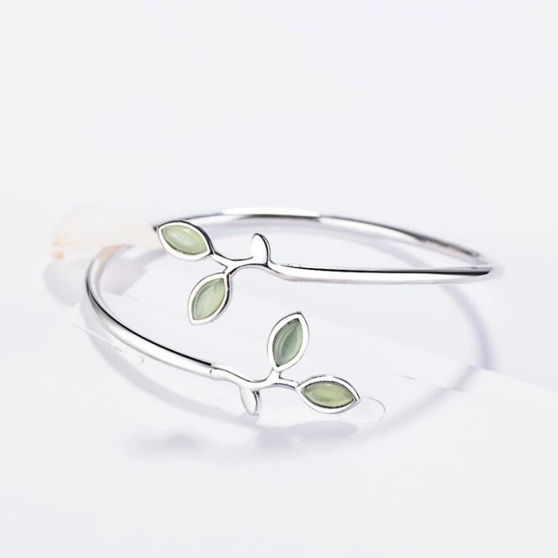 Bangles 925-Sterling-Silver Minimalist Opal Sole Trendy SBR102 Bud Memory-Tender Leaves