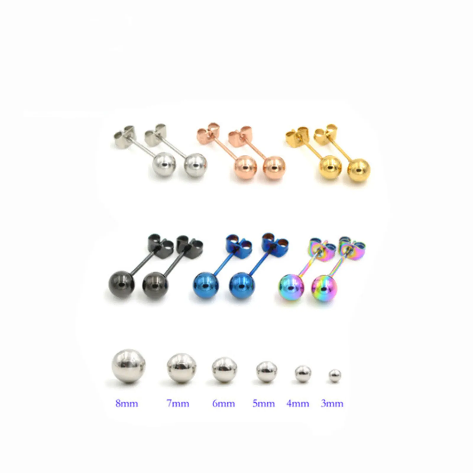 Stainless Steel Stud Earrings For Women Men Jewelry Gold Silver Color Ball 2-8mm Dia 1 Pair