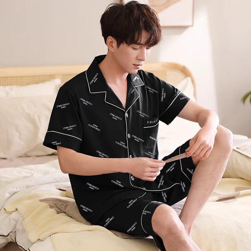 Summer Men Shorts Pajama Set Cotton Sleepwear Black Loungewear Pijama Hombre 2Pcs PJ Home Clothes Cotton Pyjama Homme Plus Size