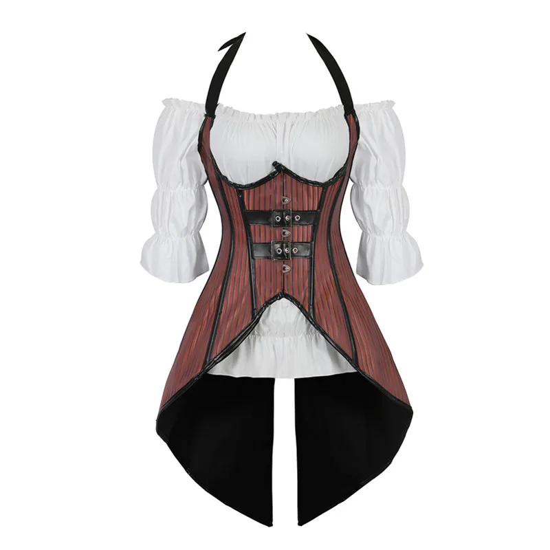 

Steampunk Bustiers Corset Long Straps Top Vest with White Gothic Blouse Plus Size Corsets Top Pirate Costume Two Pieces Outfits