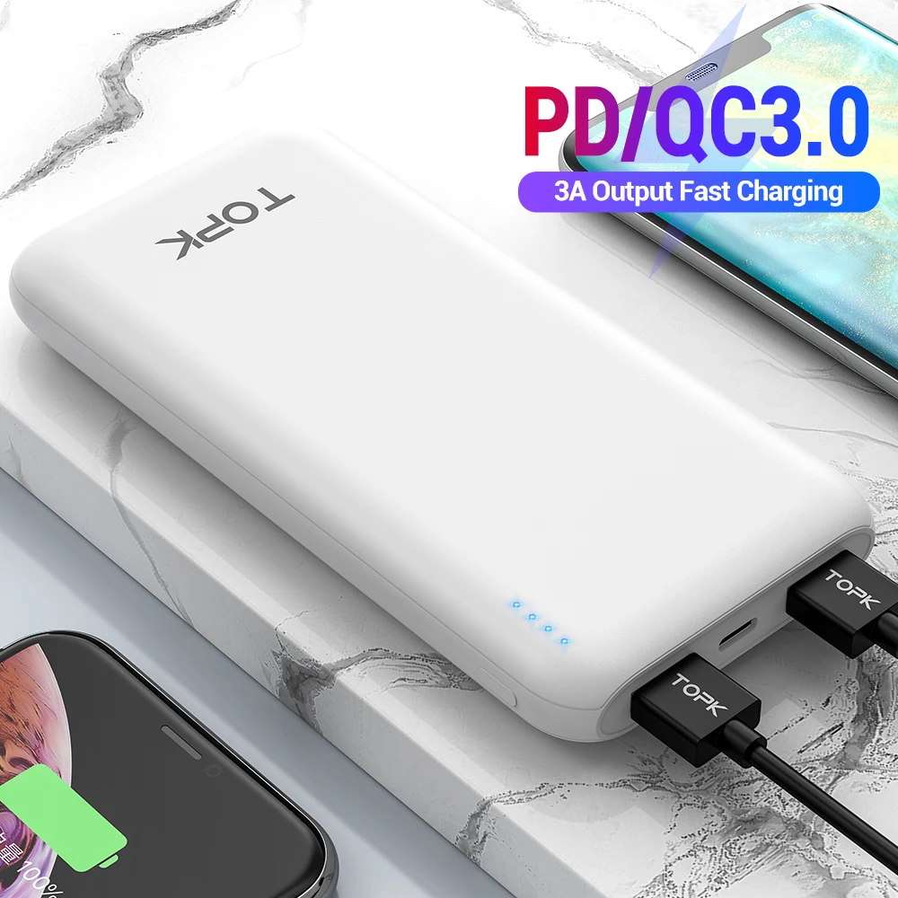 White TOPK 10000 мАч Внешний аккумулятор 18 Вт usb type C внешние аккумуляторы QC3.0 PD Двусторонняя Быстрая зарядка внешний аккумулятор для samsung Xiaomi huawei - Цвет: White