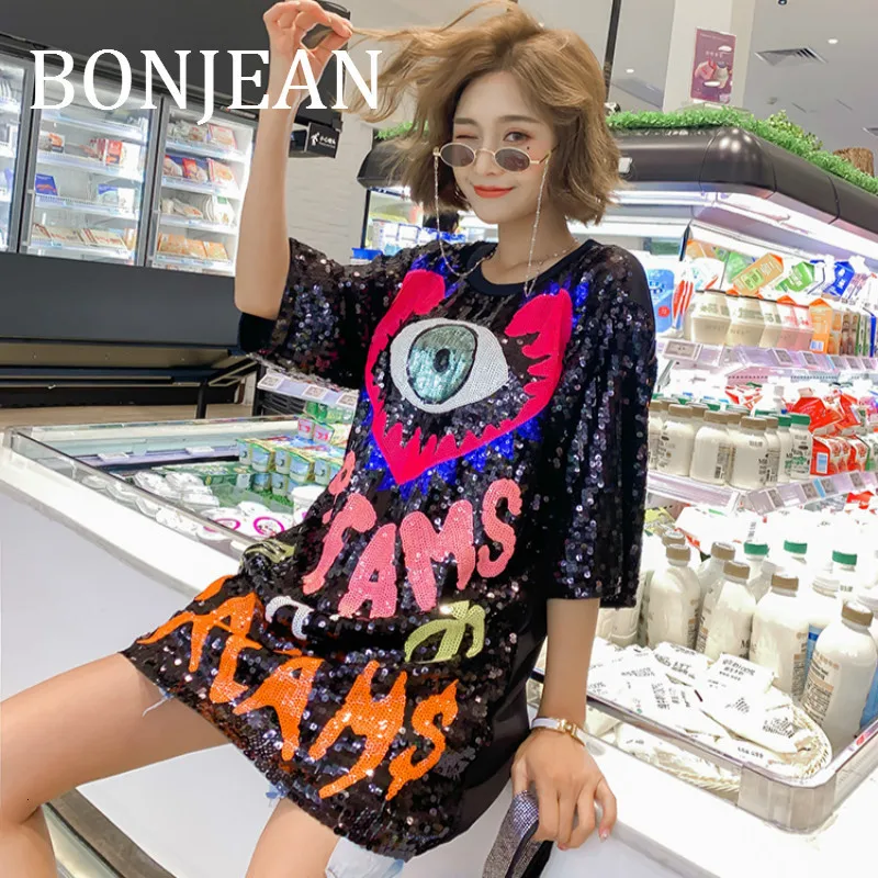 BONJEAN рубашка с рисунком глаз для женщин Топы И Футболки с коротким рукавом черная длинная рубашка с блестками и буквенным принтом Свободная рубашка BJ1245
