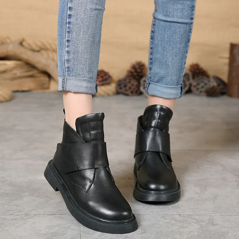 Women's shoes Plush warm boots women's hand casual Retro Leather cotton boots - Цвет: Черный
