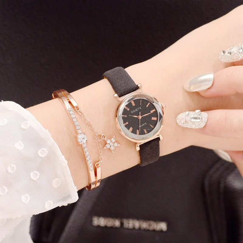 Black With Bracelet Бренд Gaiety, 2 шт., женские часы, браслет, набор, звездное небо, женские часы-браслет, повседневные кожаные кварцевые наручные часы, часы в подарок, Reloj - Цвет: Black With Bracelet