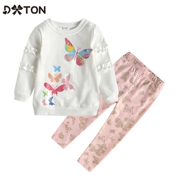 

DXTON Winter Girls Clothing Sets Toddler Cotton Children Suits Butterfly 2 pcs Kids Sets Ruffles Long Sleeve T-shirts and Pants