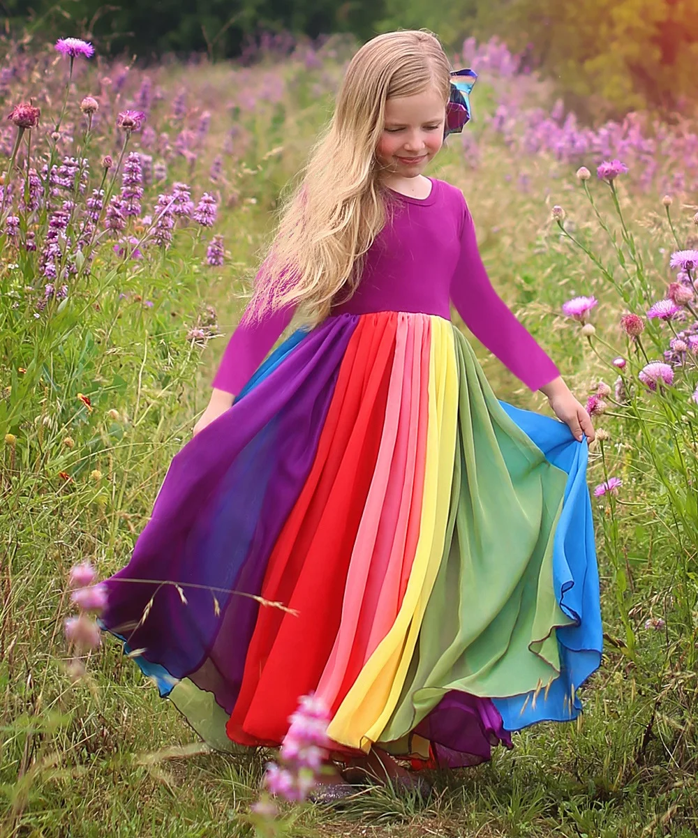 Новинка, модное осенне-зимнее Хлопковое платье радуги с длинными рукавами, с цветными блоками, милое хлопковое праздничное платье для маленьких девочек, детское платье принцессы для девочек