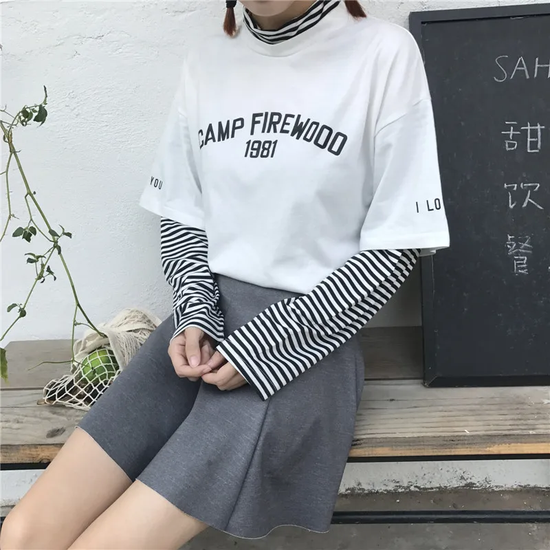Осень корейский ulzzang Harajuku стиль свободные дикие поддельные из двух частей сшивание полосатый с длинными рукавами футболки женщин