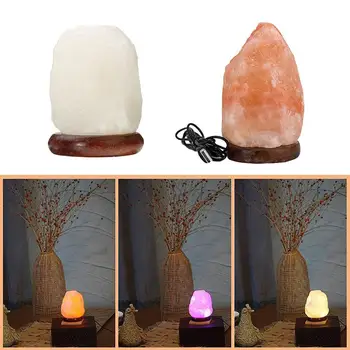 

House Natural Hand Carved USB Wooden Base Himalayan Lamp Night Crystal Night Purifier Switch Air Dimmer Light Salt Light Ro Z2U0