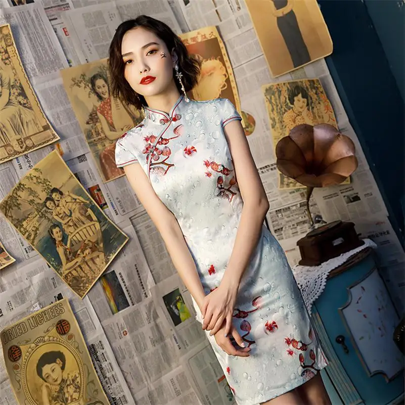 9809 Hot Sale Ladies Print Satin Cheongsam Chinese Style Short Qipao Summer Formal Dress Novelty National Dress S-3XL - Color: 9809
