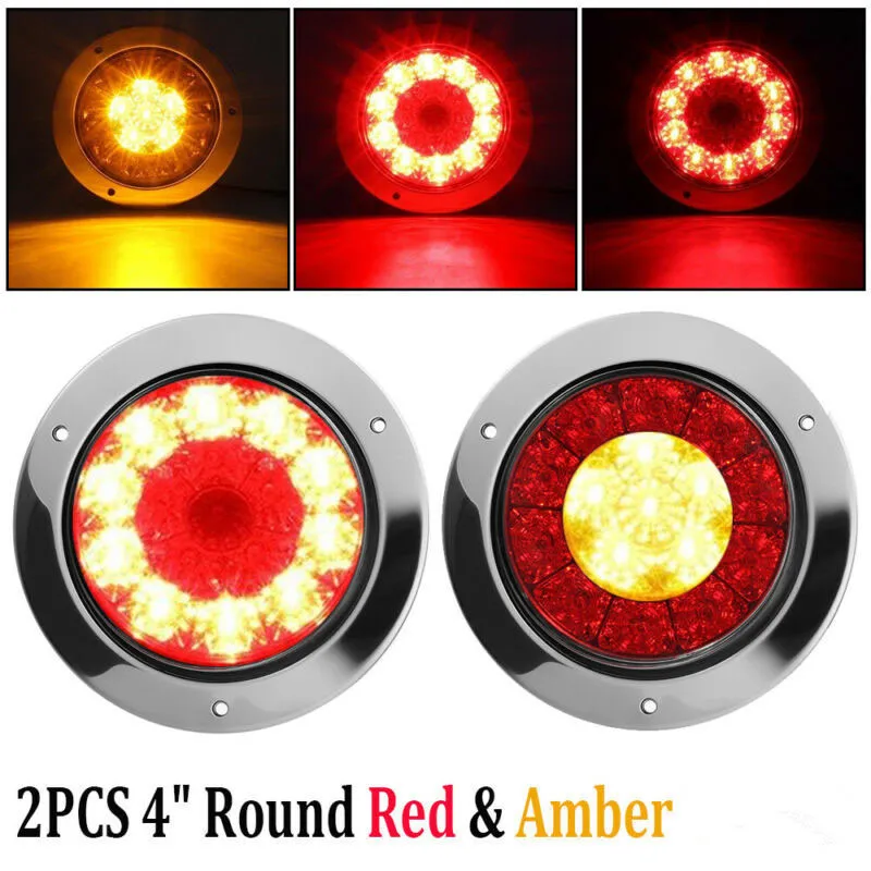 

2Pcs 4" Round Red/Amber 16-LED Truck Trailer 12V-24V ABS + Stainless Steel Chrome Brake Stop Turn Signal Tail Lights