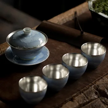 

TANGPIN SILVER CERAMIC TEA SET HANDMADE SILVER PORCELAIN TEAPOT GAIWAN TEACUP