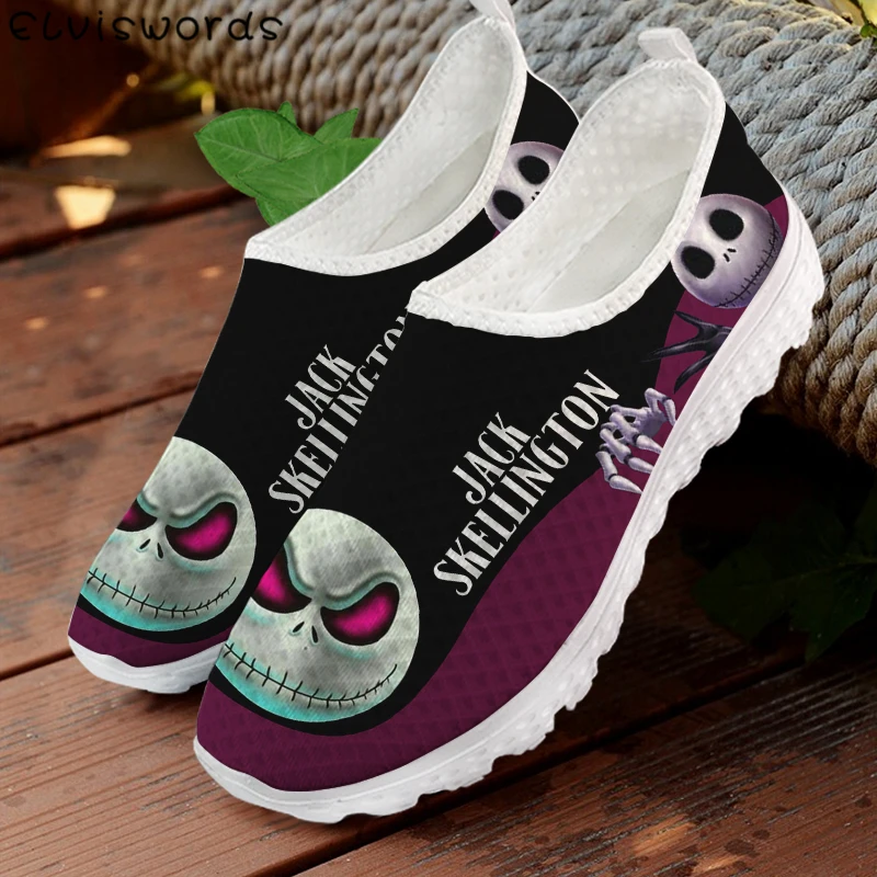 

ELVISWORDS Light Slip-on Flats Women The Nightmare Before Christmas Pattern Breathable Mesh Sneakers for Female Halloween Shoes
