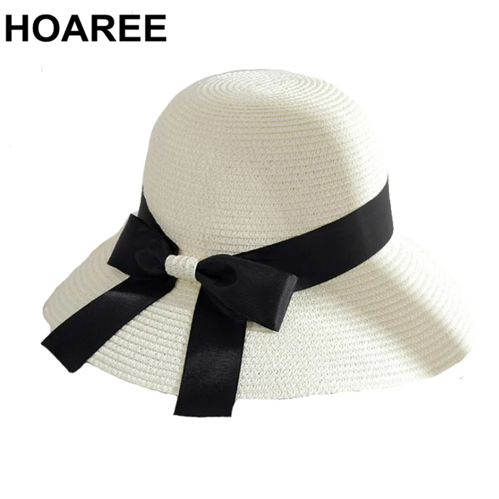 

HOAREE Bowler White Women Sun Hat Casual Straw Beach Hat Elegant Bowknot Uv Protection Holiday Wide Brim Summer Bucket Cap