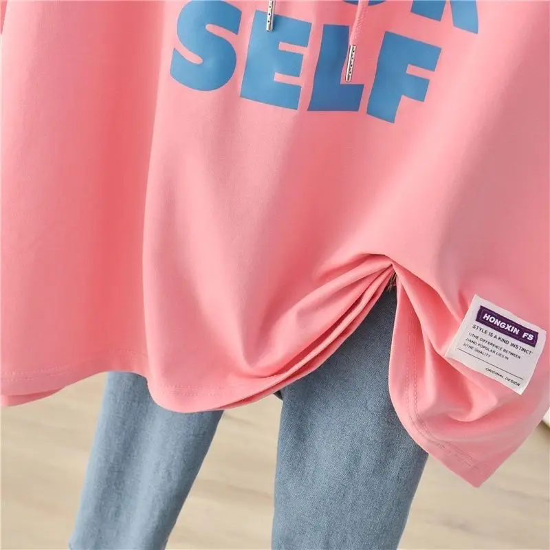 Large Women's Summer Hooded Short Sleeve T-shirt 2021 New Plus Size Candy Color Korean Loose T-shirt Fashion Casual T Shirt graphic tees