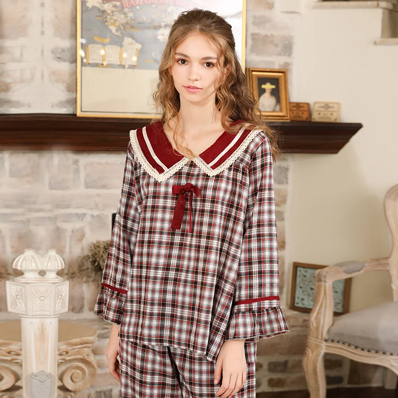 

Japanese Style Princess Night Suits Ladies Vintage Cotton Pajama Set Women Burgundy Plaid Night Wear Home Suit Lounge Set LFZ628