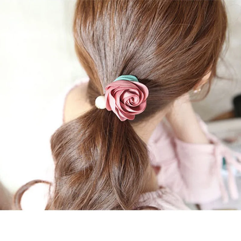 

2019 New Fashion Korean Hand Cloth Art Hair Rope Pearl Large Flowers Charm Hair Ring Women Rubber Band Headdress Wholesale