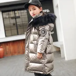 От 6 до 13 лет, длинное пуховое пальто с мехом енота для девочек, для русской зимы, Подростковая куртка детская парка Одежда для мальчиков