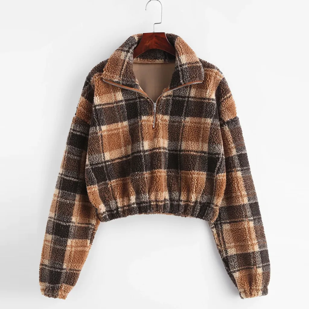 

Women Plaid Short Pullovers Flannel Long Sleeve Retro Sweatshirts Tops Lady Winter Casual Zip Neck Hoodies Warm Fluffy Pullover