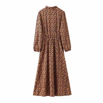 

Elegant print midi women dress bow tie collar long sleeve dresses female office wear stylish 2019 casual mid calf dresses