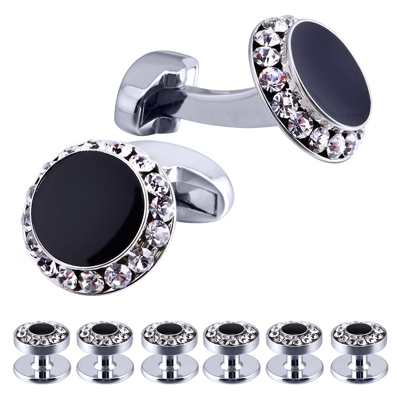 Luxury Cufflinks and Studs Set for Men,Classic Black Enamel&Crystal Tuxedo Shirt Cufflinks set for Wedding Jewelry Accessories